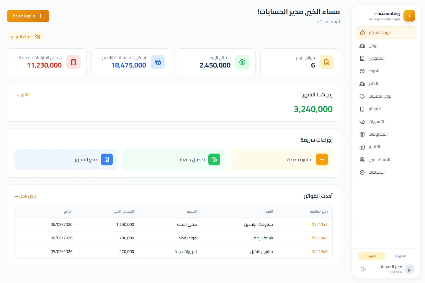 لوحة التحكم العربية الفعلية لنظام i-accounting ببيانات عرض